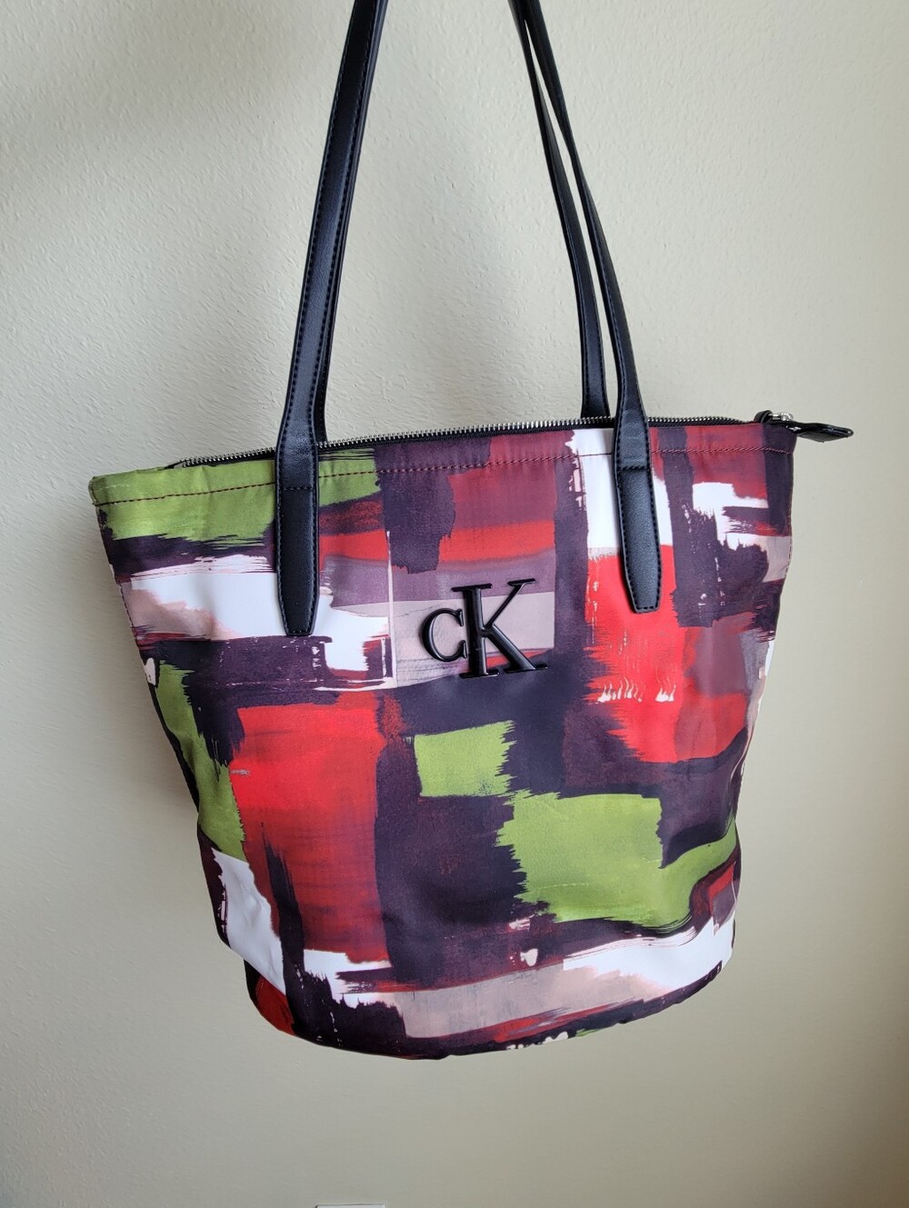 Calvin Klein Canvas Tote in Red, Green & Black Abstract Print